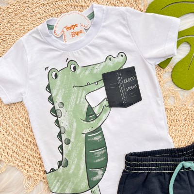 Conj. Camiseta Croco Stories e Bermuda - Branco e Verde